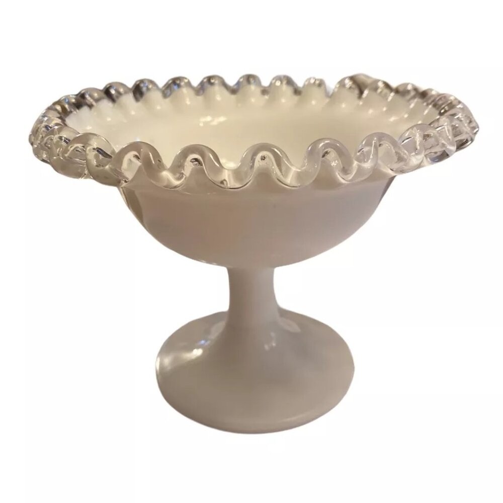 Beautiful Milk Glass with Clear Rim Candy Dish 4" x 5"